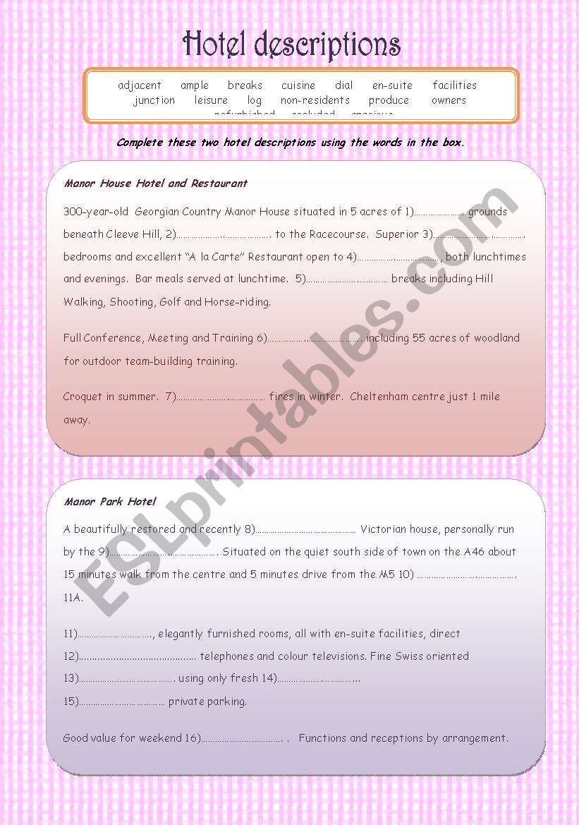 Hotel descriptions worksheet