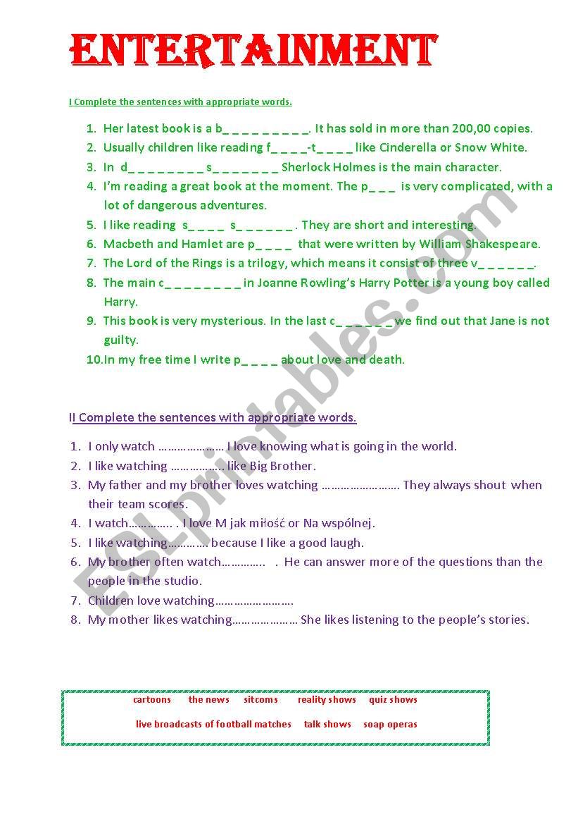 ENTERTAINMENT - vocabulary worksheet