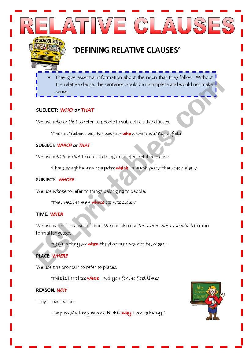 RELATIVE CLAUSES - THEORY worksheet