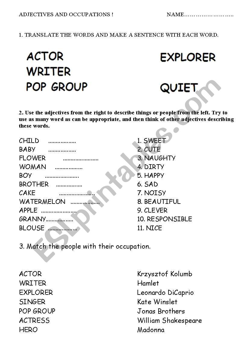 adjectives and occupations worksheet