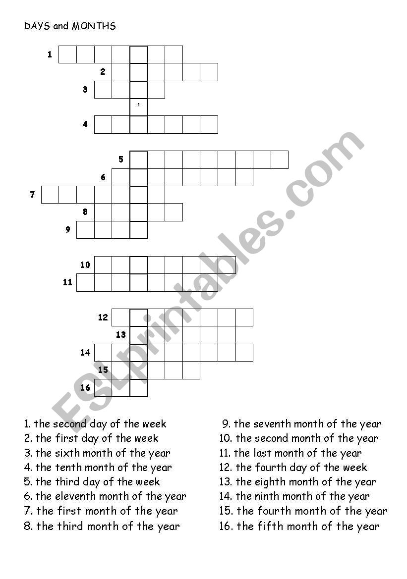 Months and days crosswords worksheet
