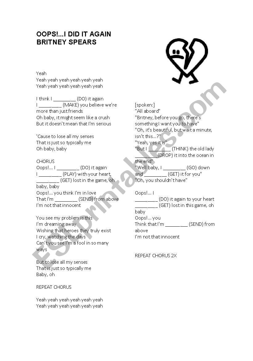 Song: Ooops I did it again! worksheet