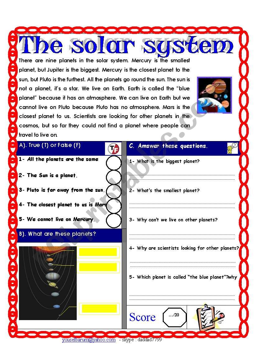 Reading comprehension Test ( Theme: The solar system)