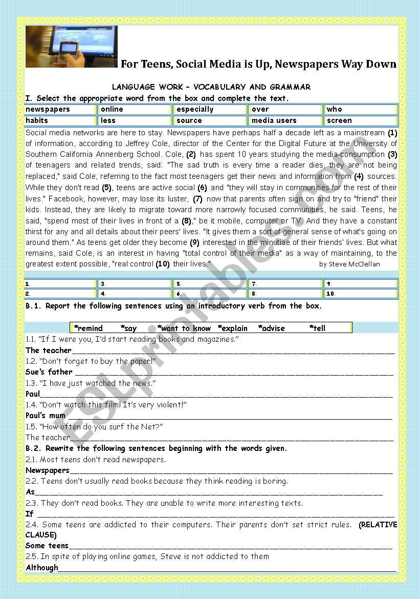 TEENS AND MASS MEDIA-FOR TEENS, SOCIAL MEDIA IS UP,NEWSPAPERS WAY DOWN-LANGUAGE WORK- +