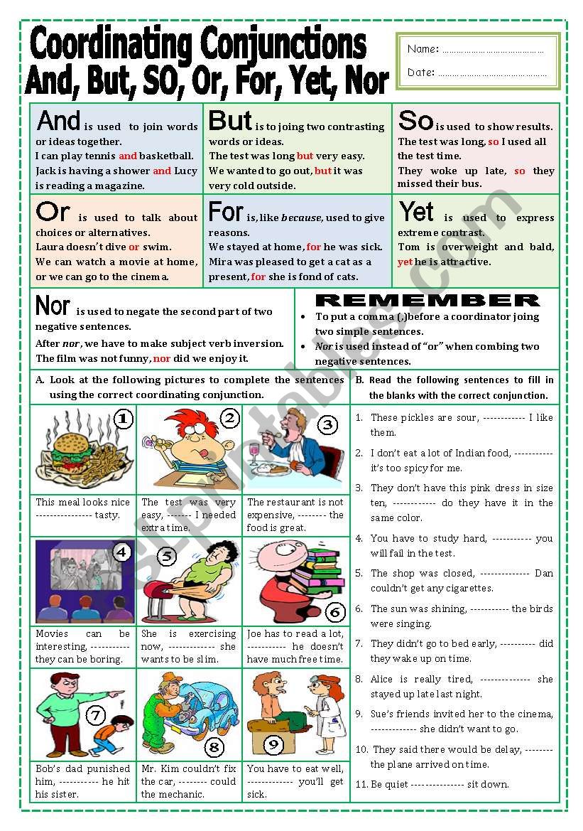 Coordinating Conjunctions And But So Or For Yet Nor ESL Worksheet By Missola