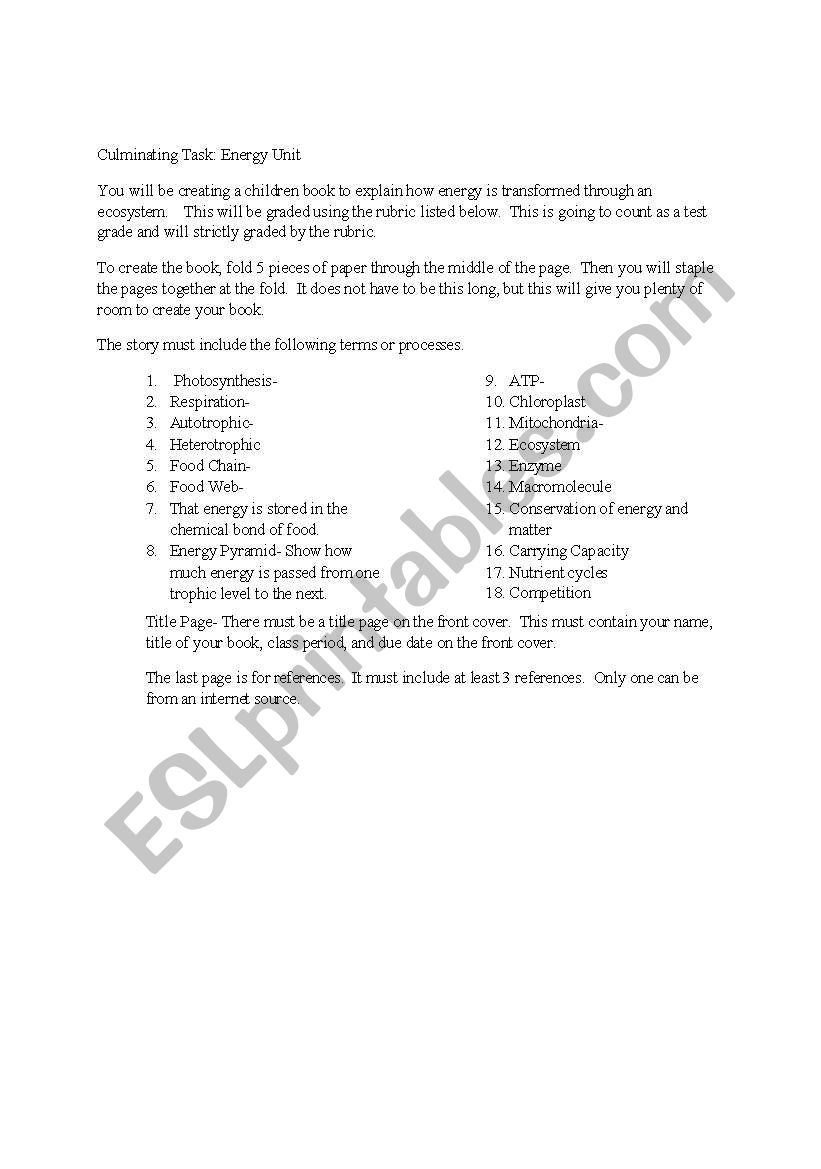 Rubric for Ecology  / food chain / childrens book