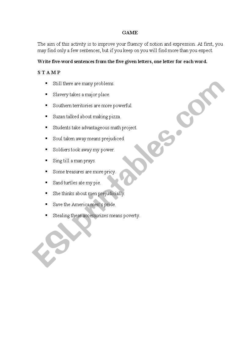 Game worksheet