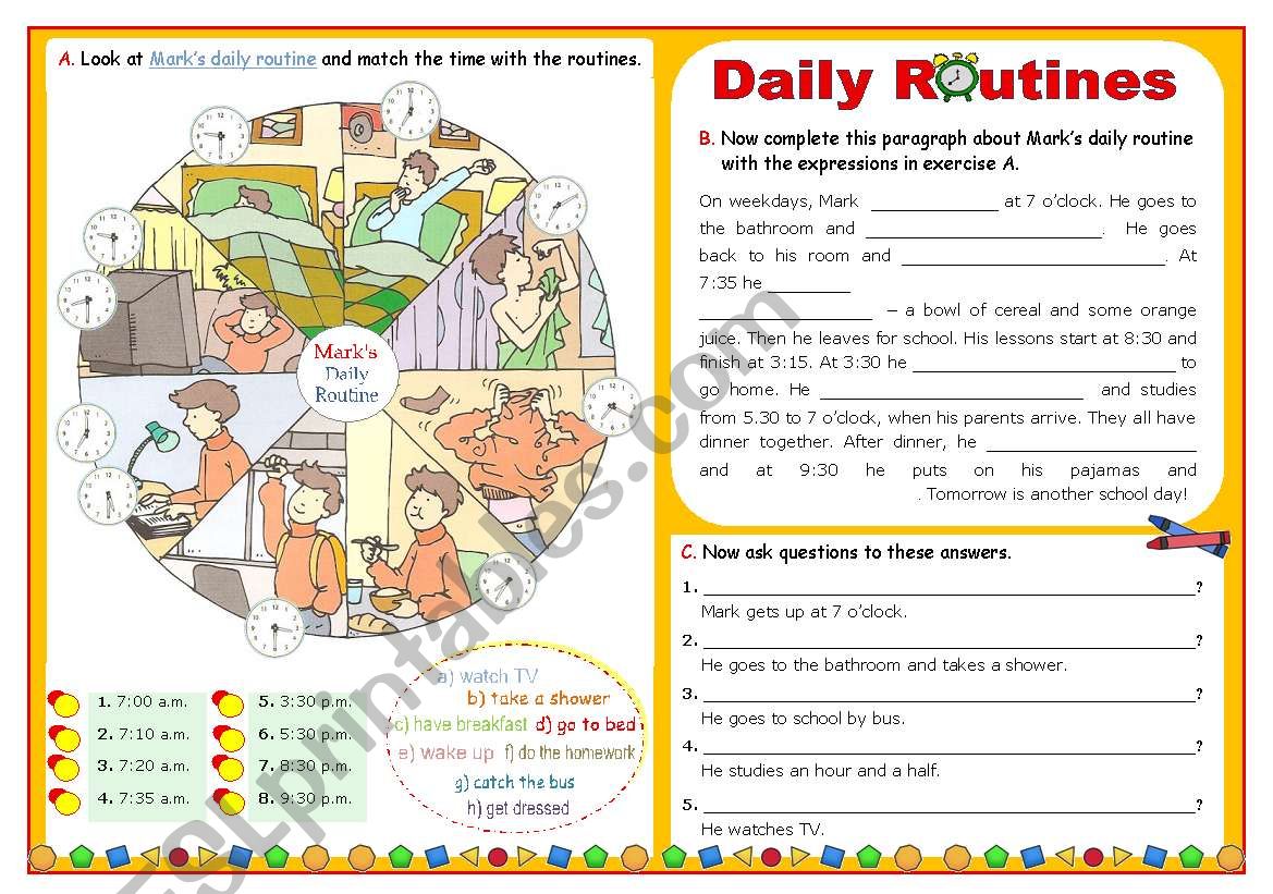 Daily Routine  -  Focus on basic vocabulary  +  Simple Present  +  Wh-questions