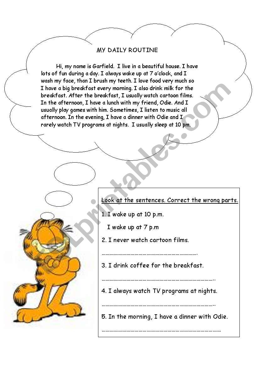garfieldÂ´s daily routine worksheet