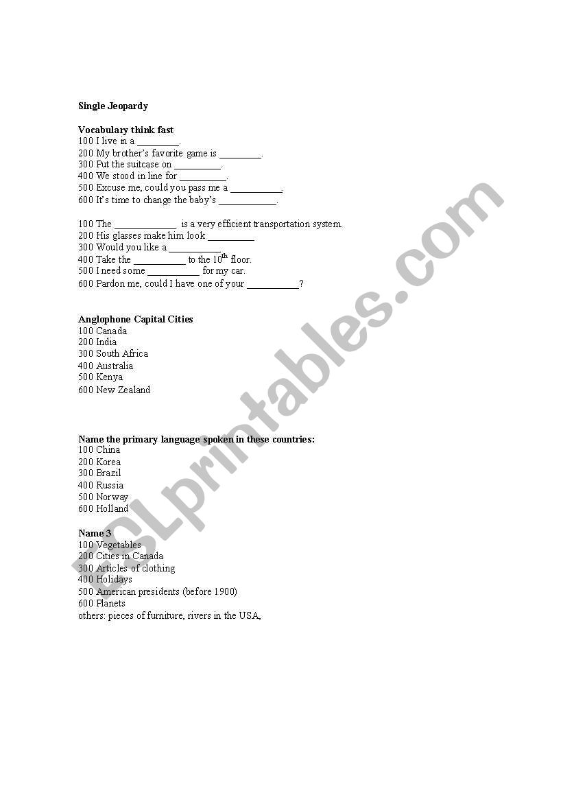 Jeopardy worksheet