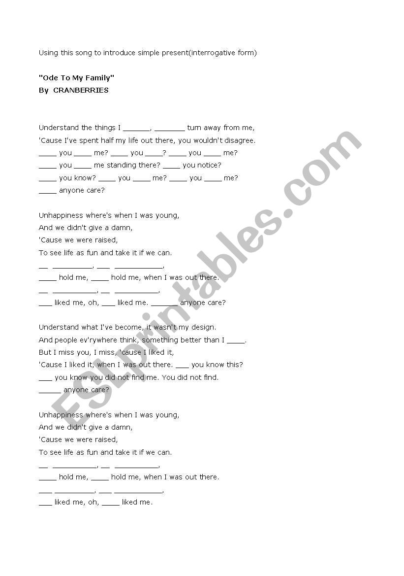 Ode to my family worksheet