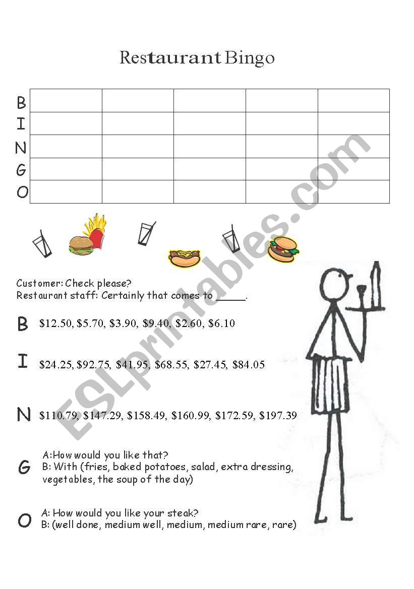 Restaurant Bingo worksheet