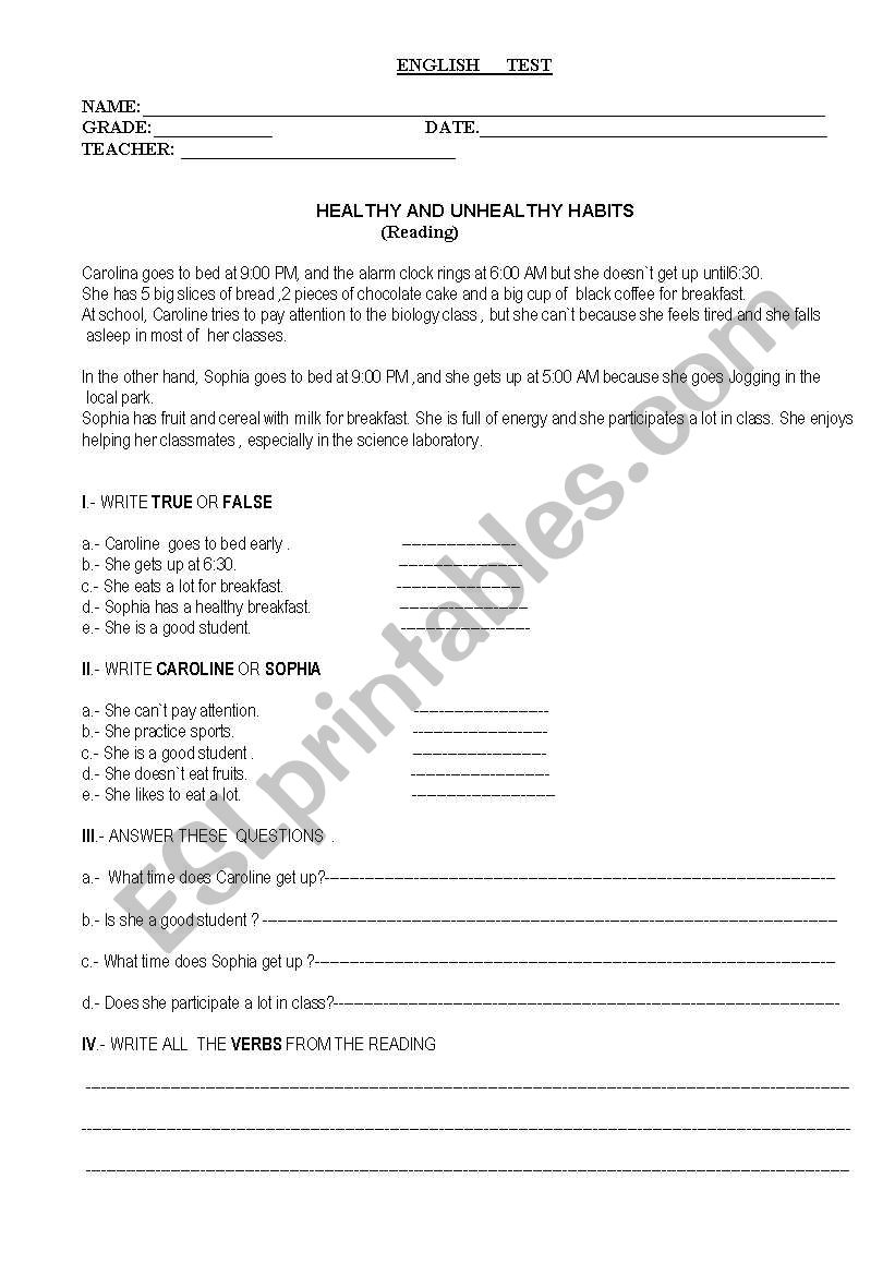 Daily habits worksheet