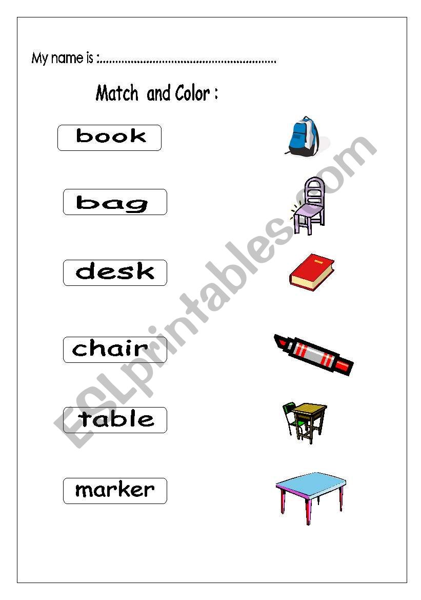 Matching school objects worksheet