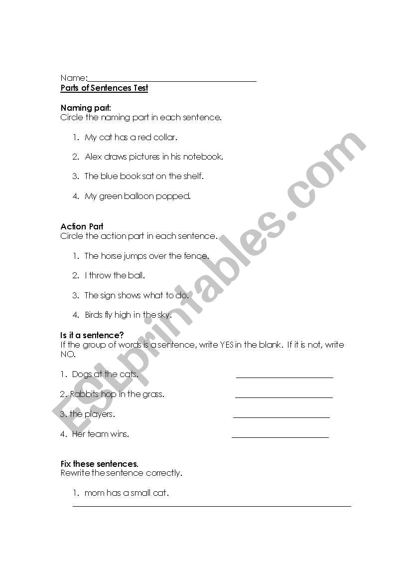 Parts of Sentences Test worksheet
