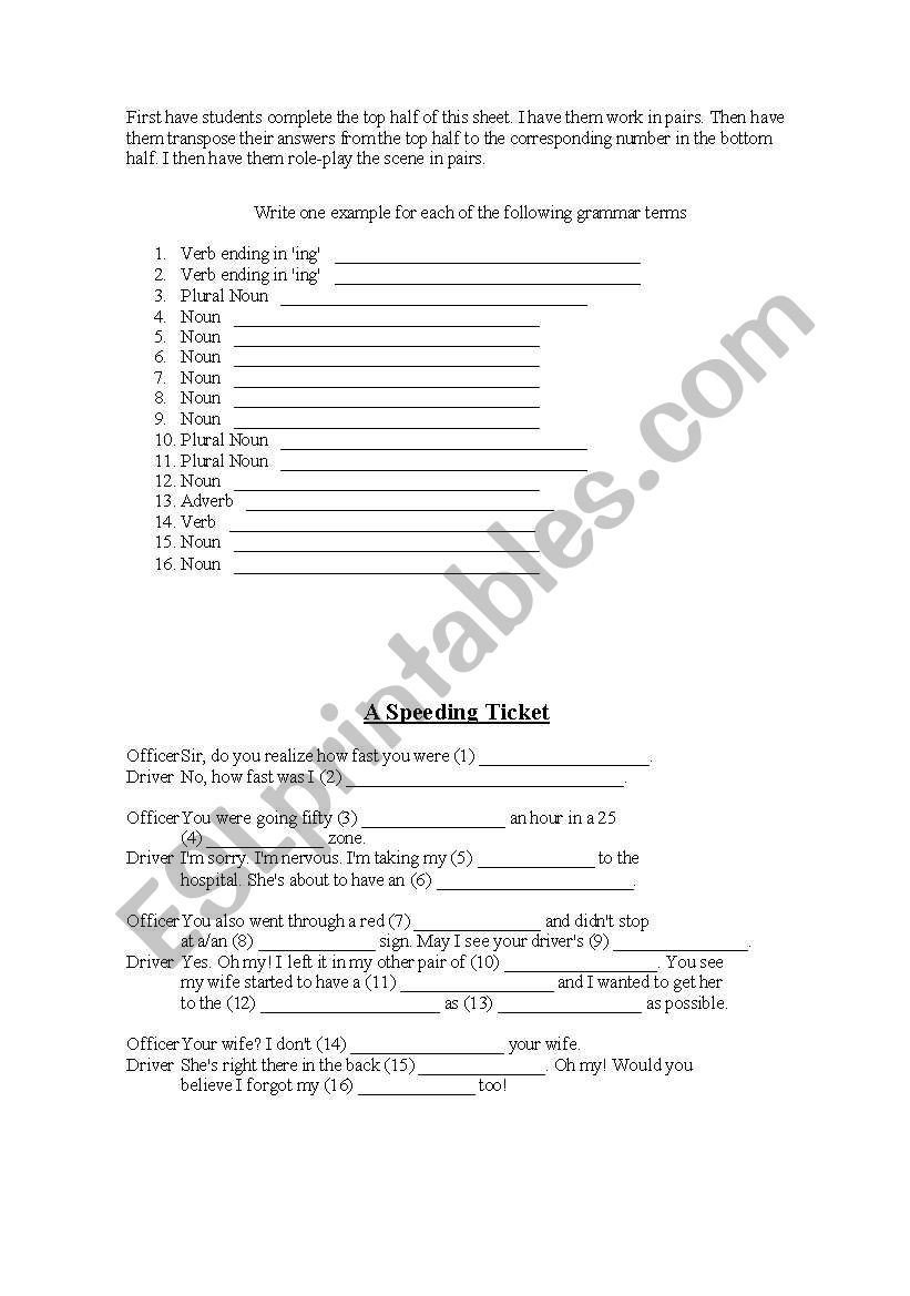 Speeding Ticket Grammar Review