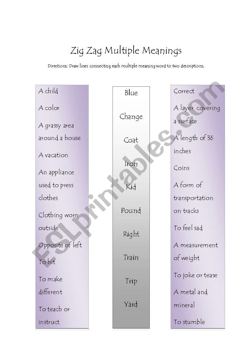 English worksheets Zig Zag Multíple Meanings