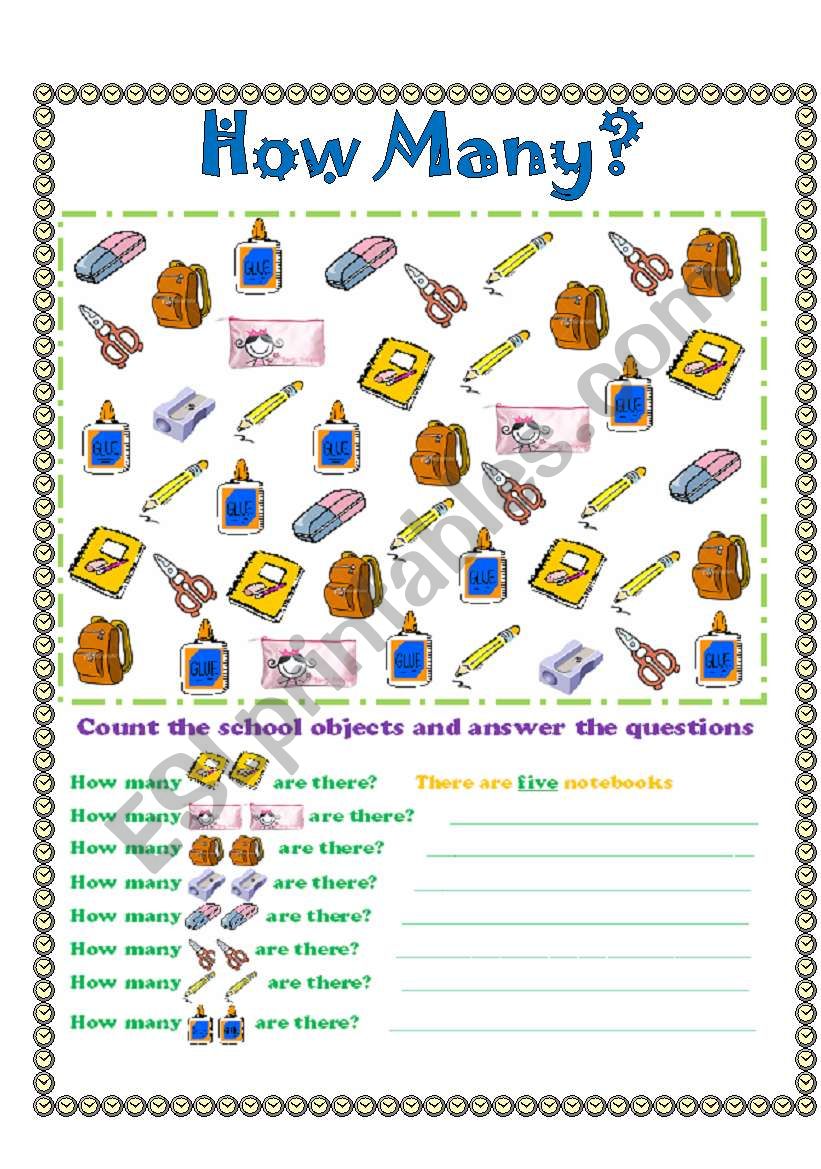 School objects - How many worksheet