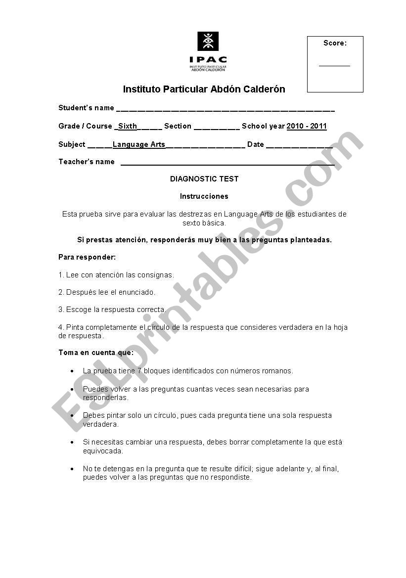 Diagnostic Test Sixth Basic worksheet