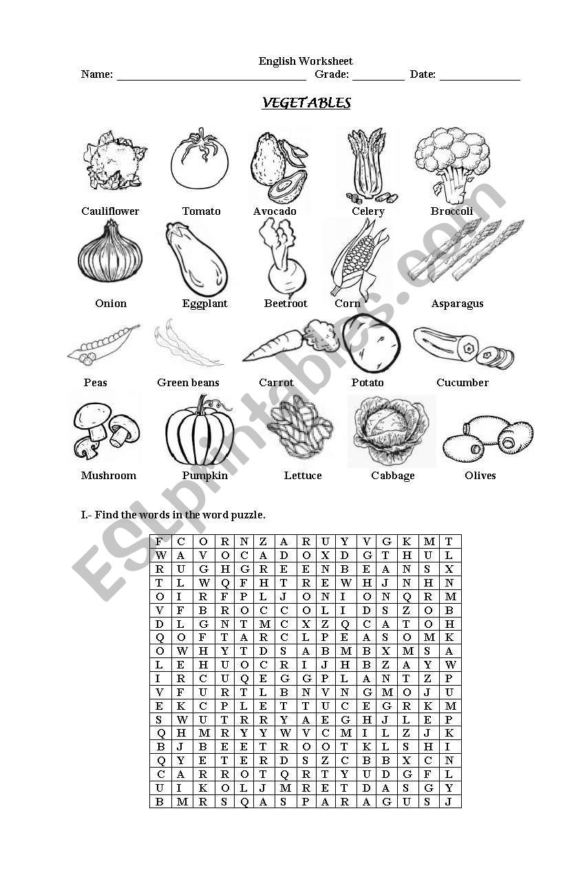 Vegetables pictionary + word search activity