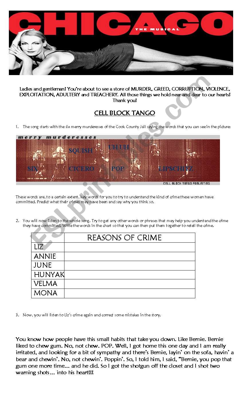 Cell block tango worksheet