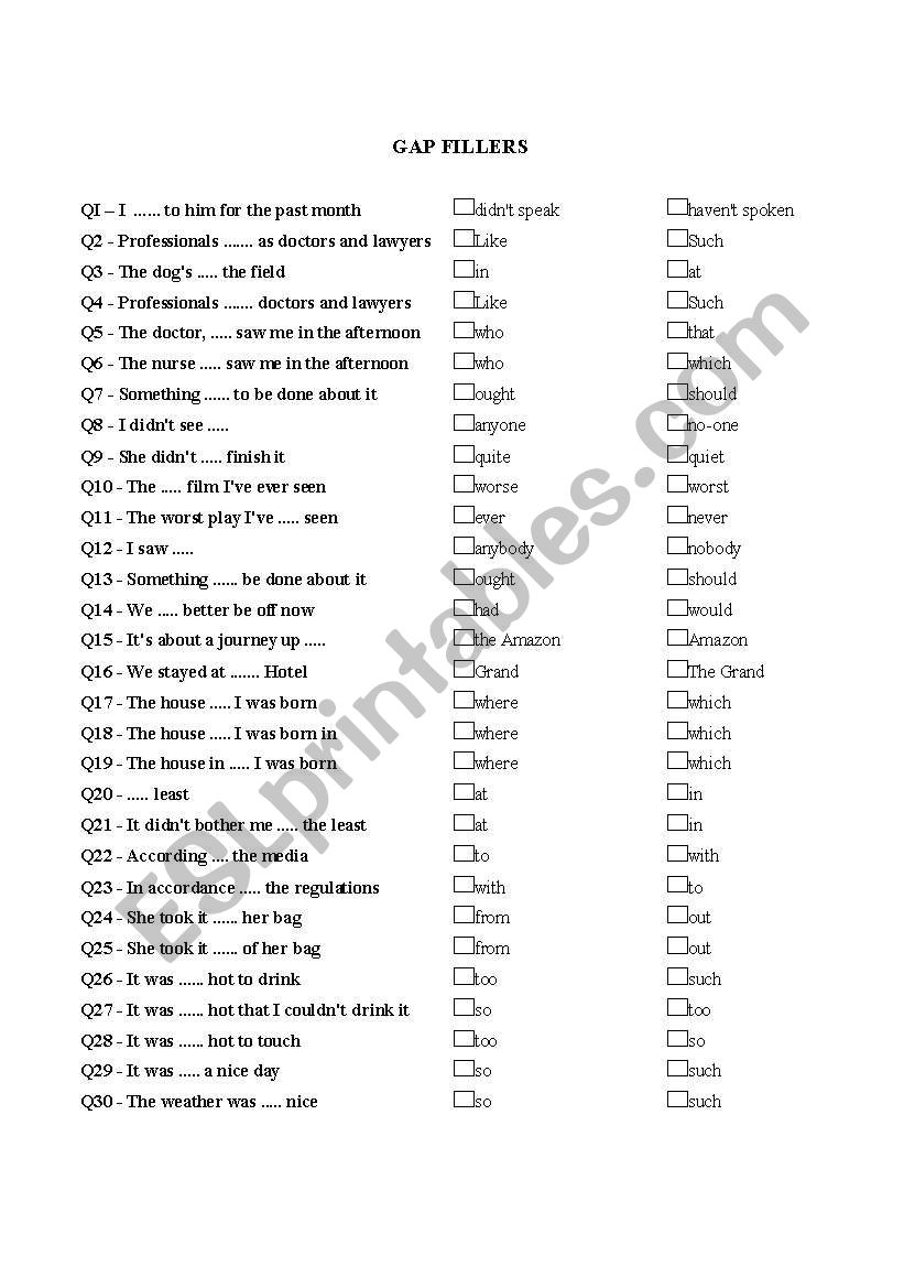 Gap FIllers worksheet