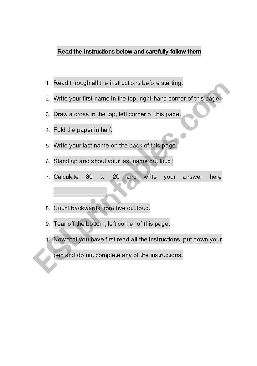 Following Instructions worksheet