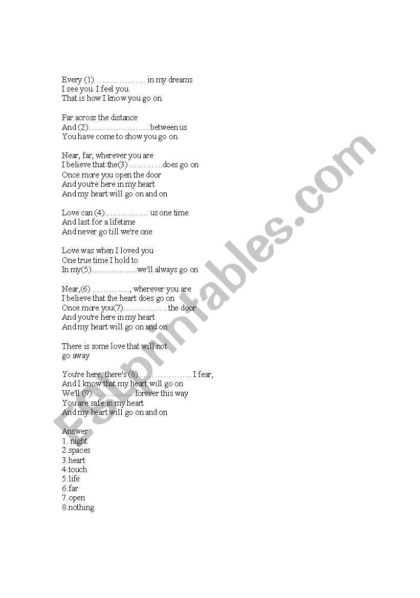 English Worksheets Gaps In Song Lyrics