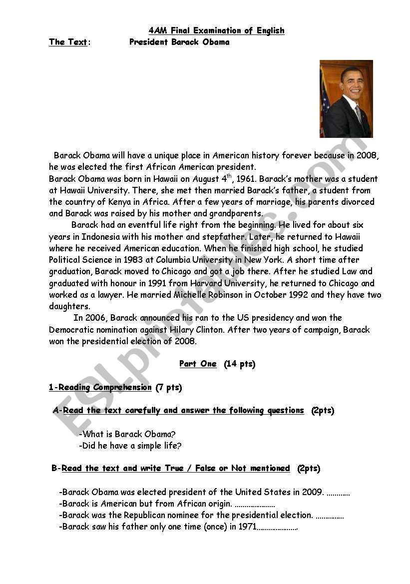 president Barack Obama worksheet