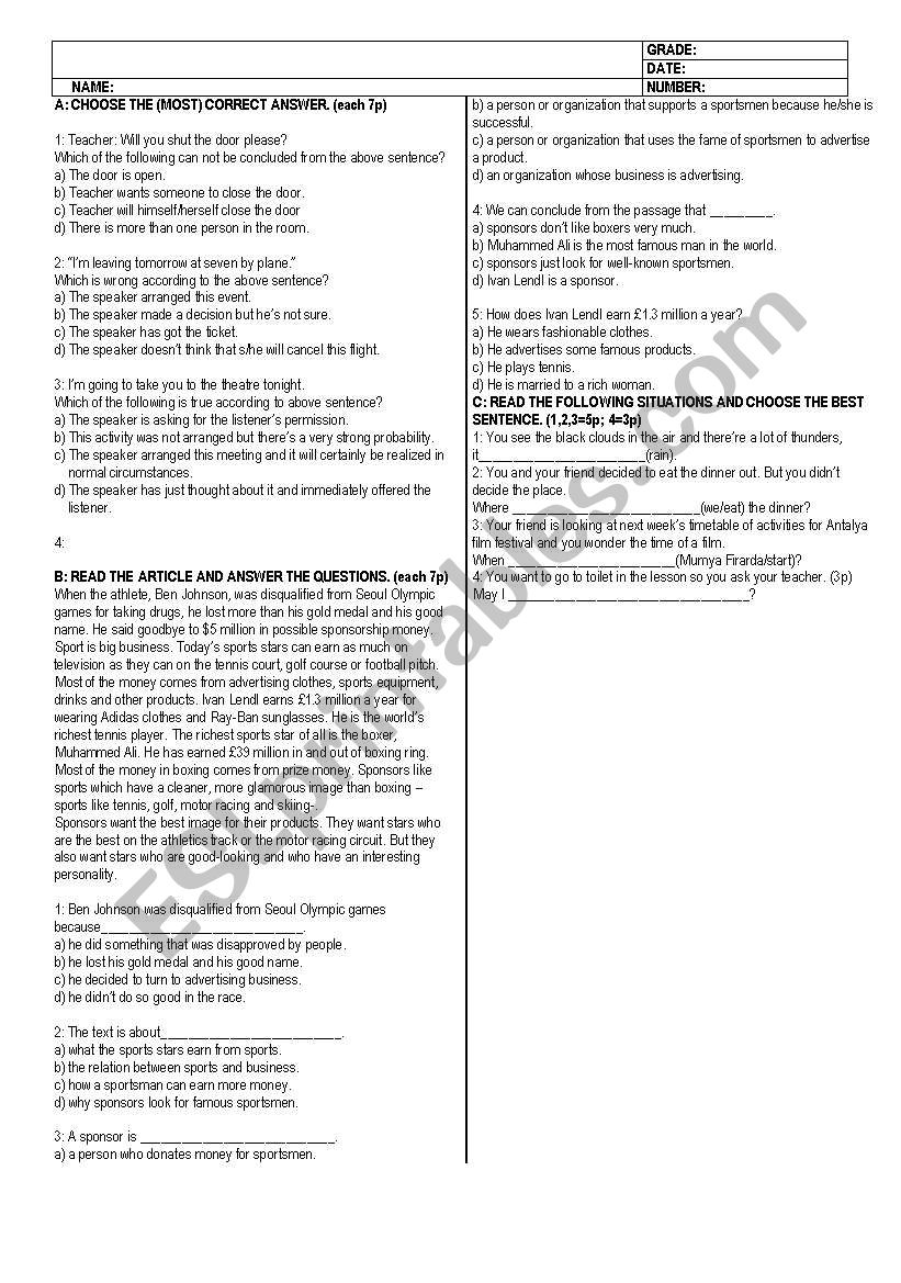 exam for elementaries worksheet