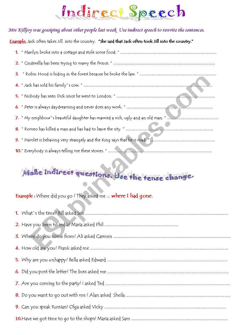 Indirect Speech worksheet