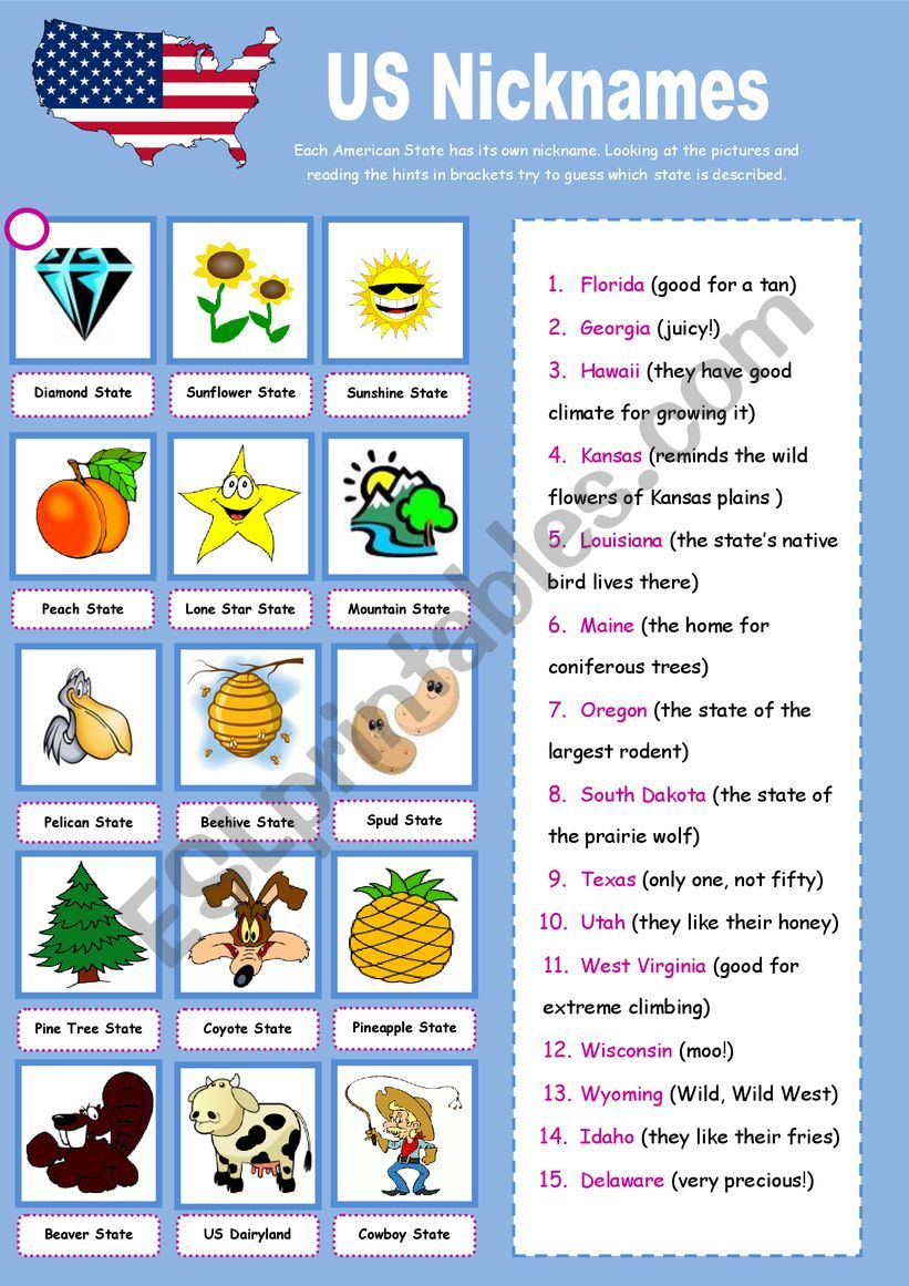 US Nicknames worksheet