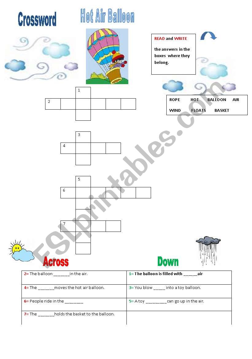 HOT AIR BALLOON CROSSWORD worksheet