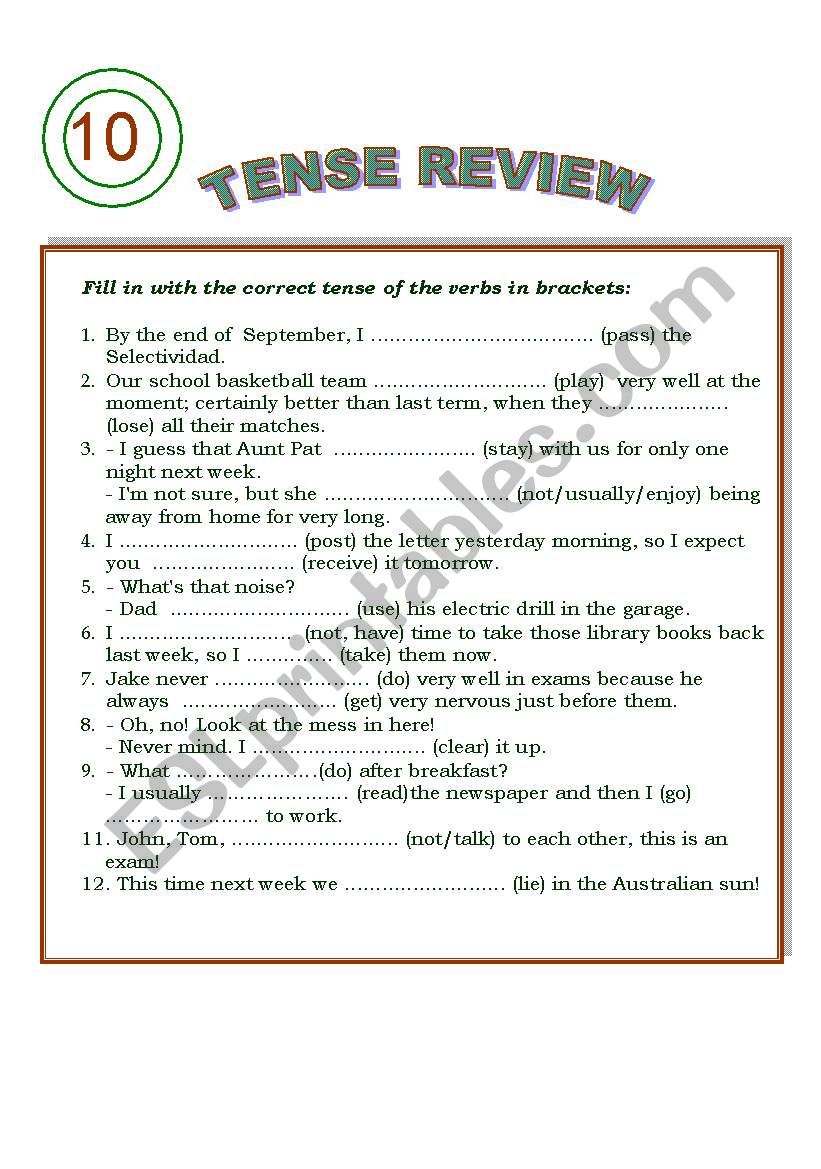 Tense review (mixed) worksheet