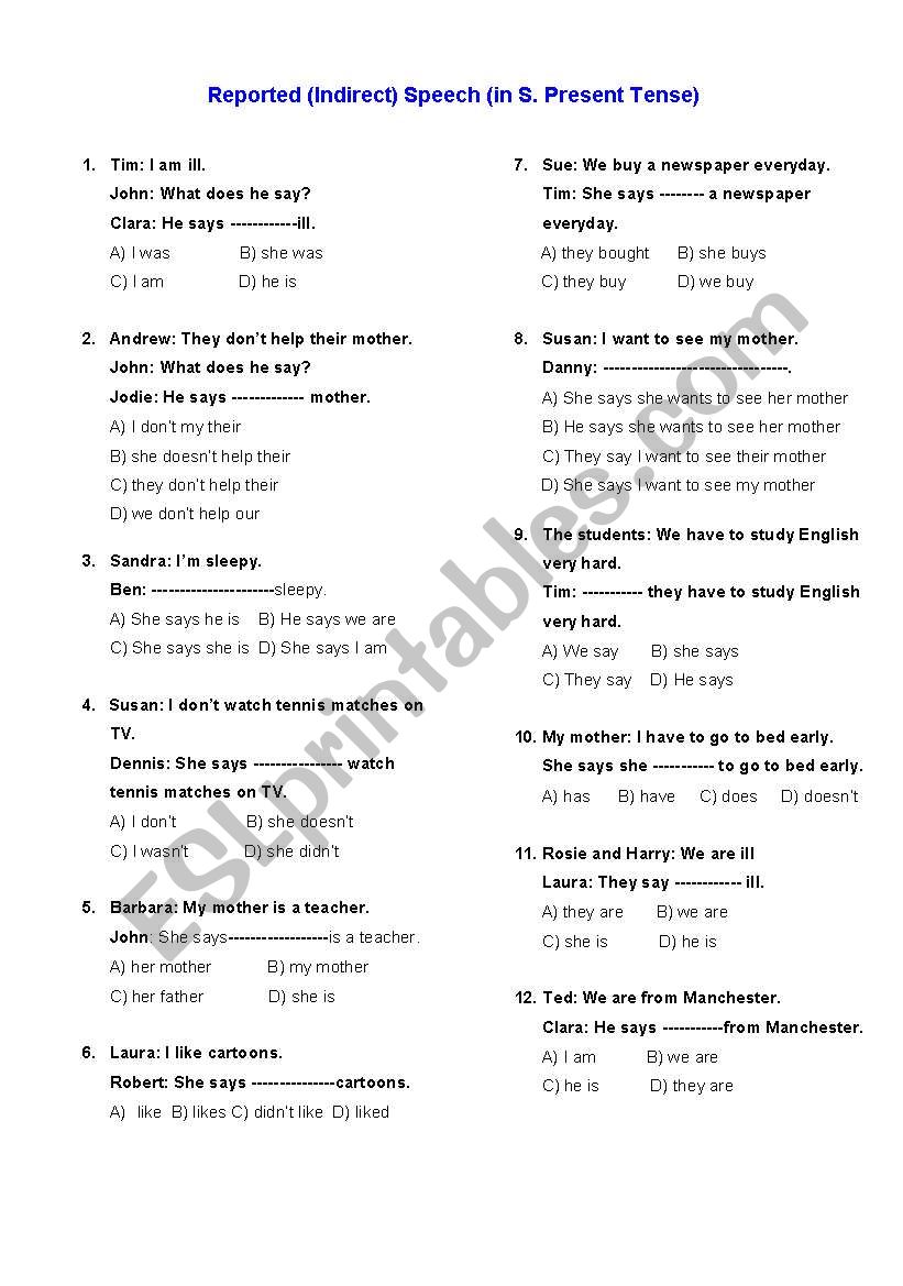 Reported Speech worksheet