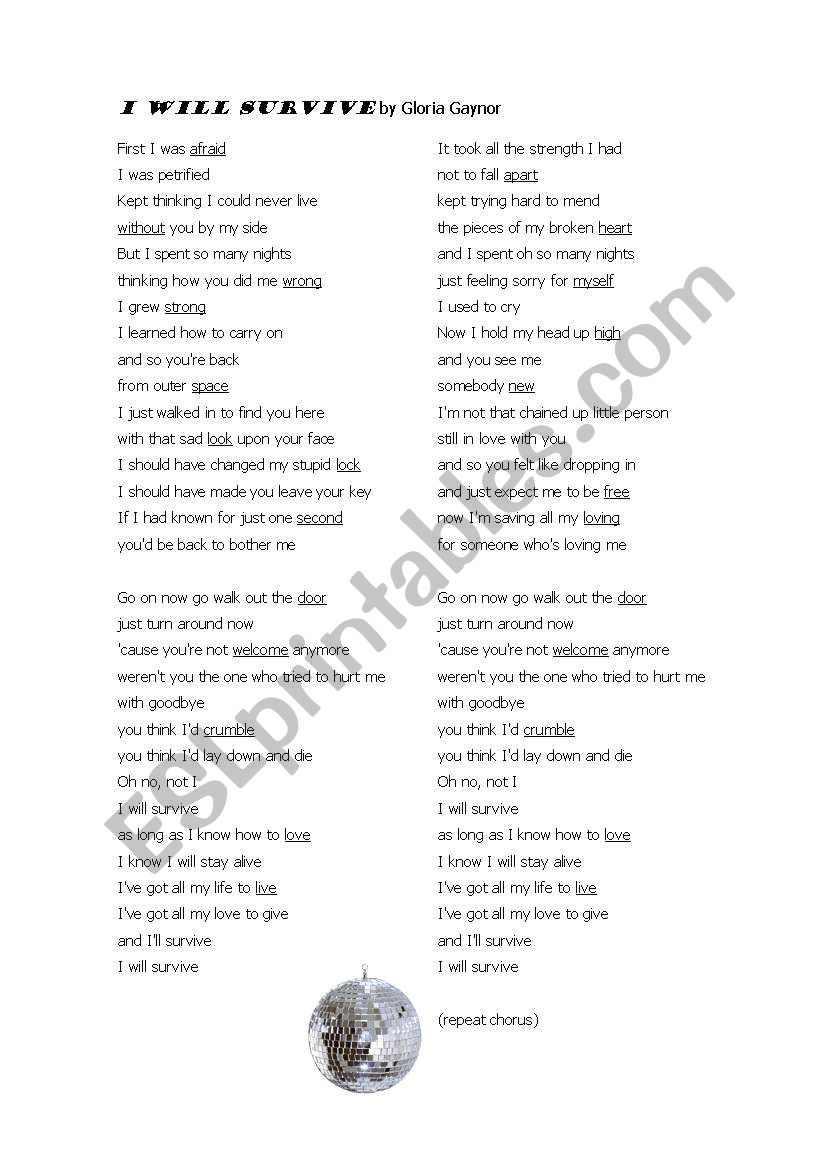 I will survive by Gloria Gaynor gap filling activity plus key