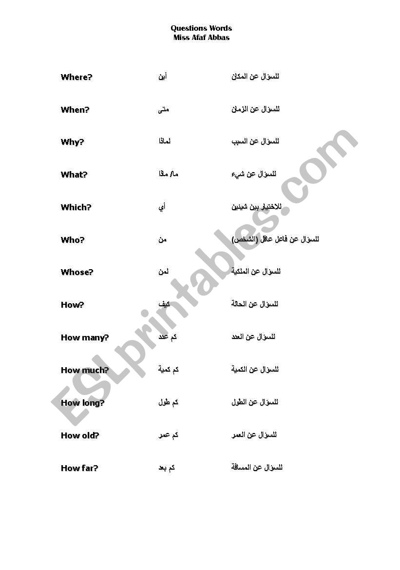 Question Words worksheet