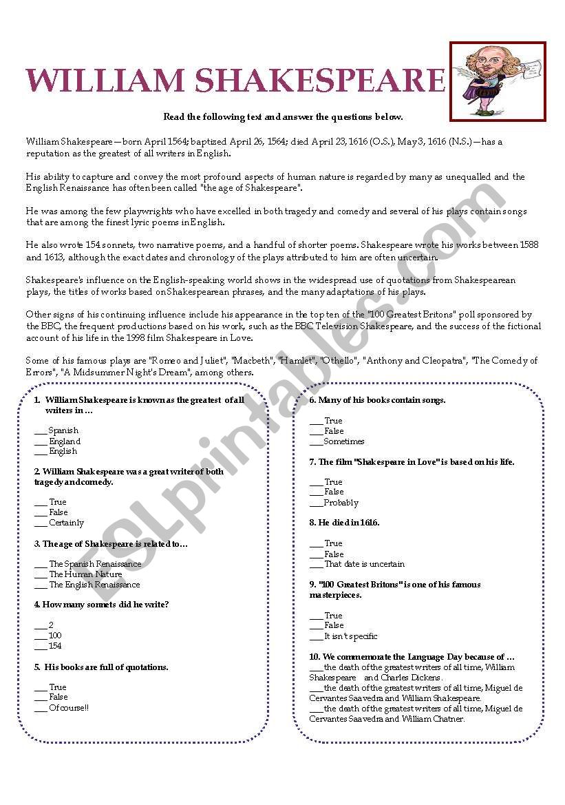 SHAKESPEARE READING worksheet