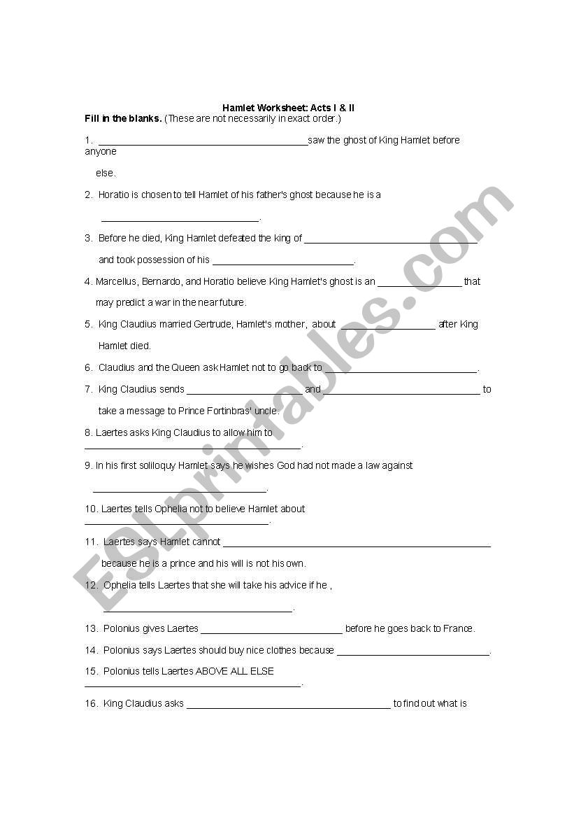 Hamlet Acts 1 & 2 Worksheet worksheet