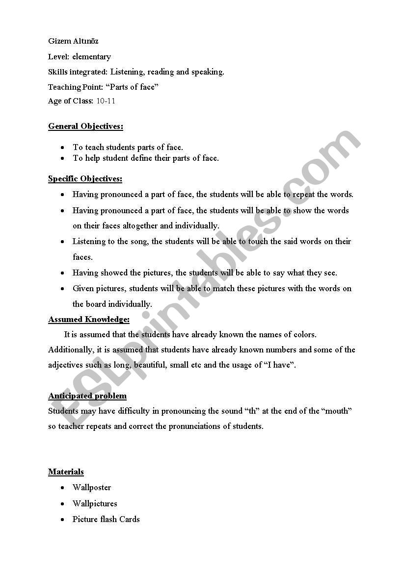 Parts of Face worksheet
