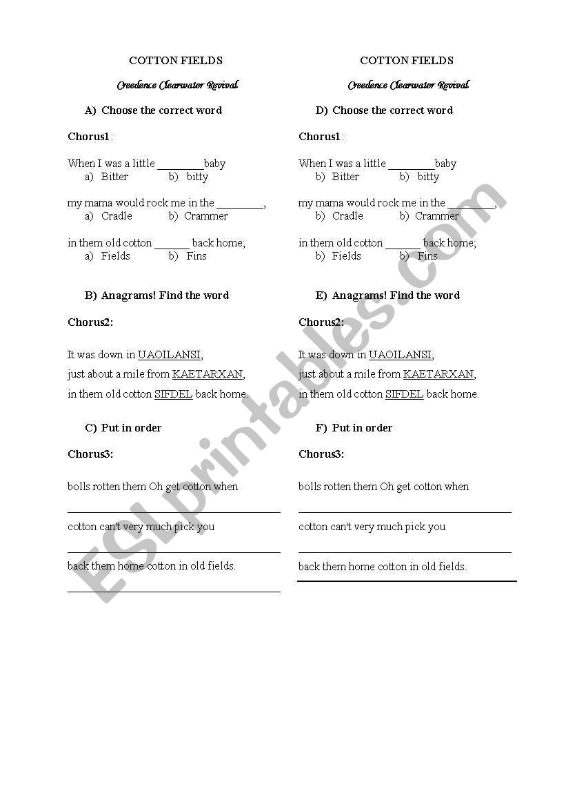 Cotton Fields By Creedence  worksheet