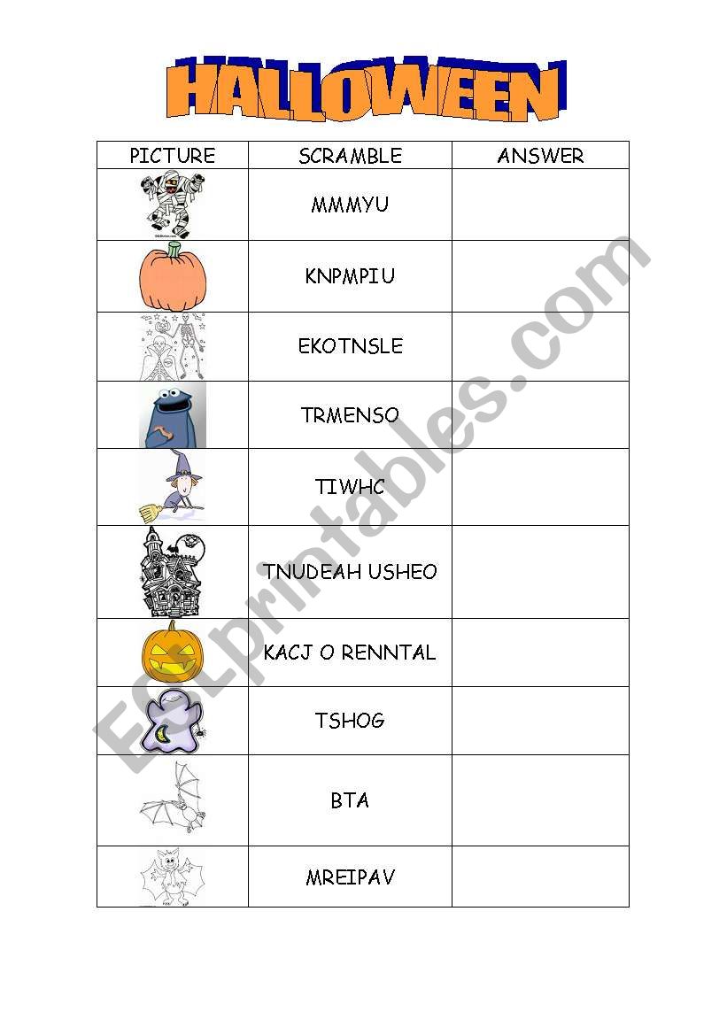 Halloween vocabulary. Scrambled words