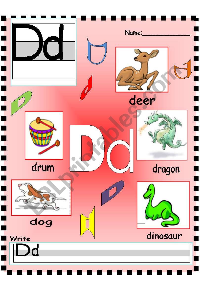 Letter Dd -Ee - Ff  Vocabulary poster and Writing worksheet