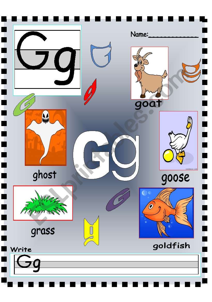 Letter Gg - Hh Vocabulary poster and Writing worksheet