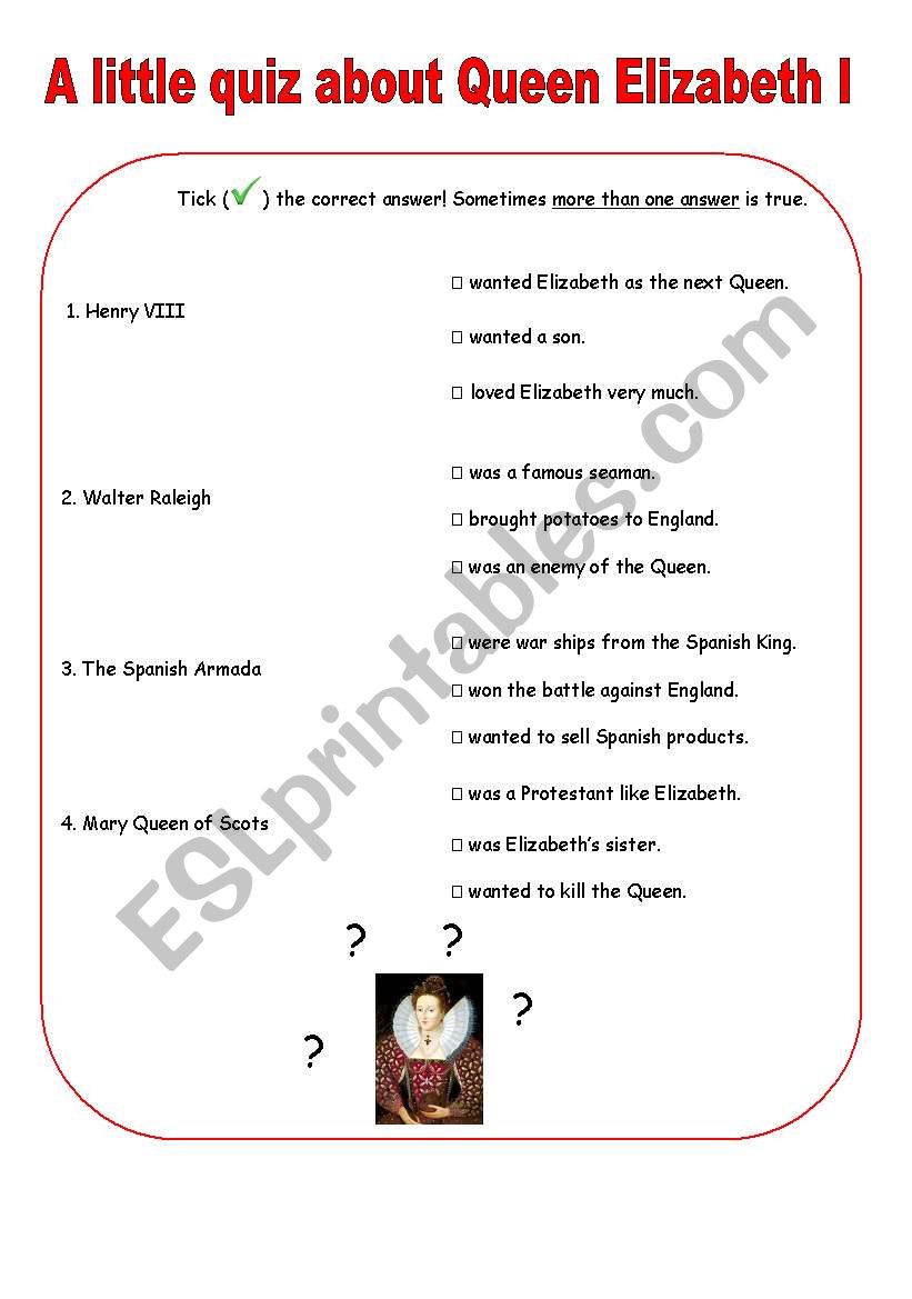 Quiz about Queen Elizabeth I worksheet