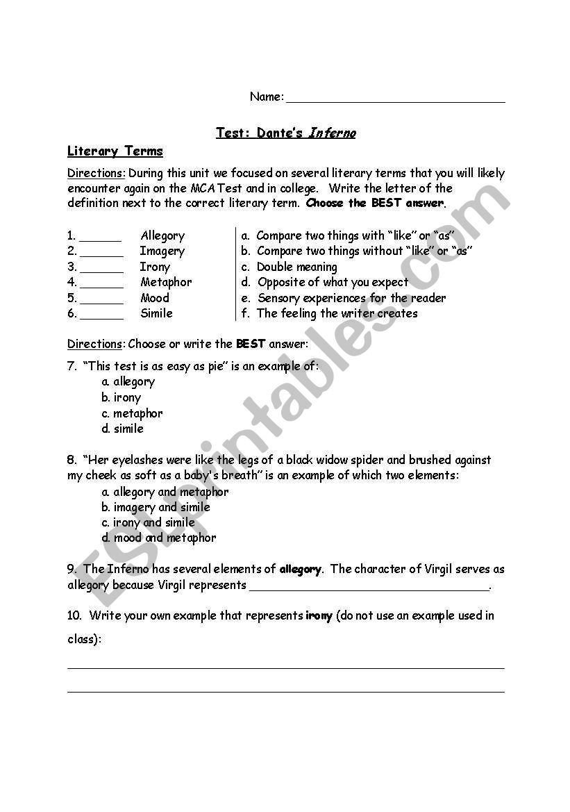 Test of Dantes Inferno worksheet