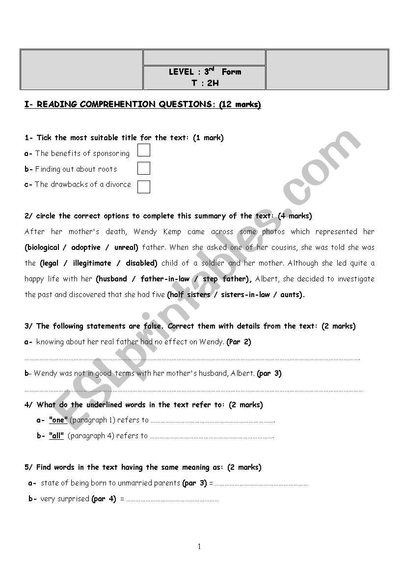 full-term test 1 (3rd form) worksheet