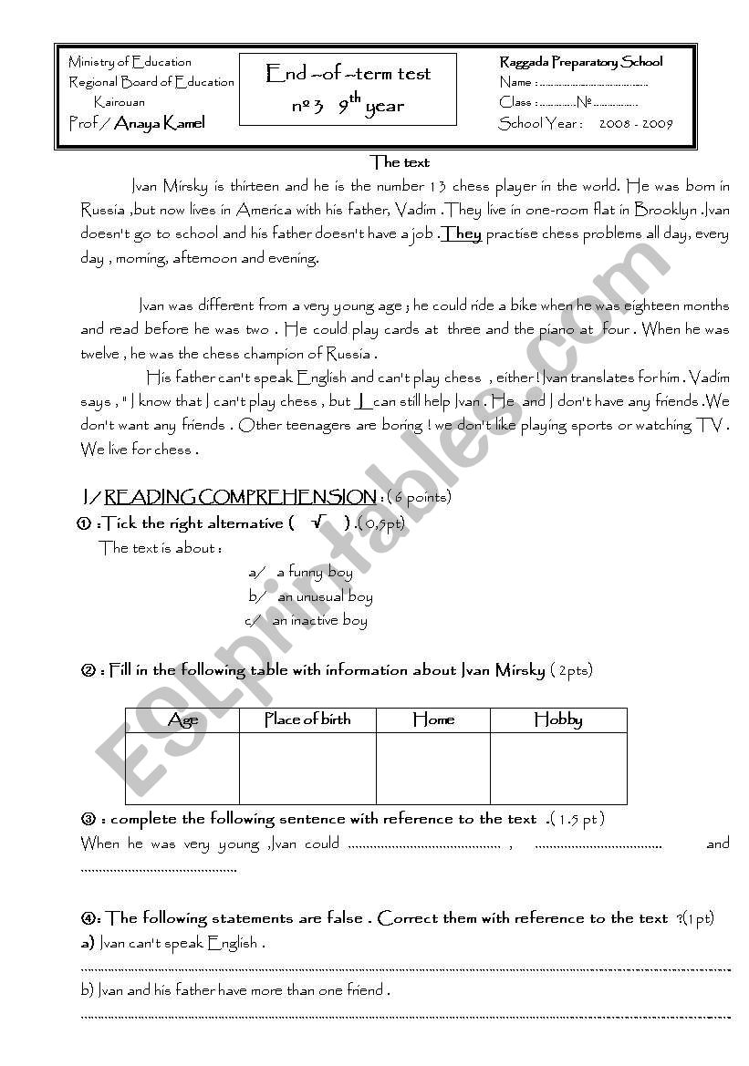 Englist test 9th year basic education