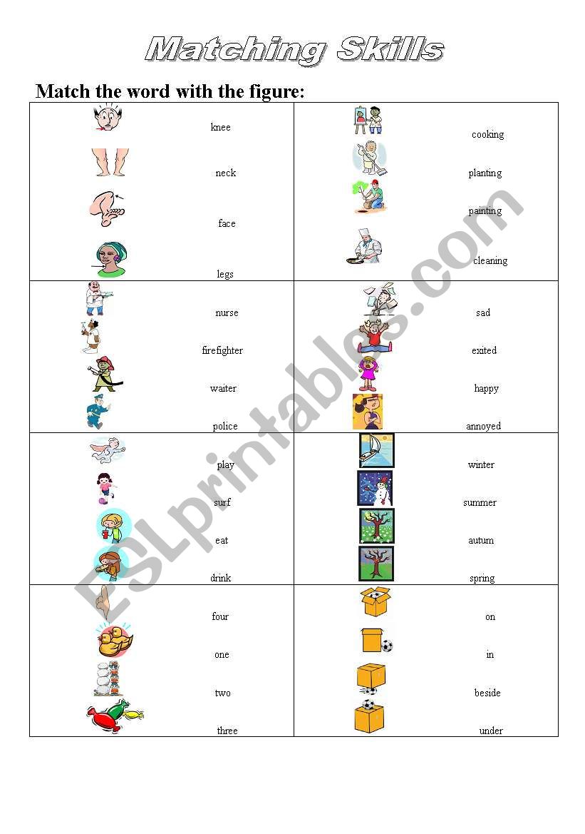 Matching  emotions,numbers,body parts,actions,community workers,seasons,positions