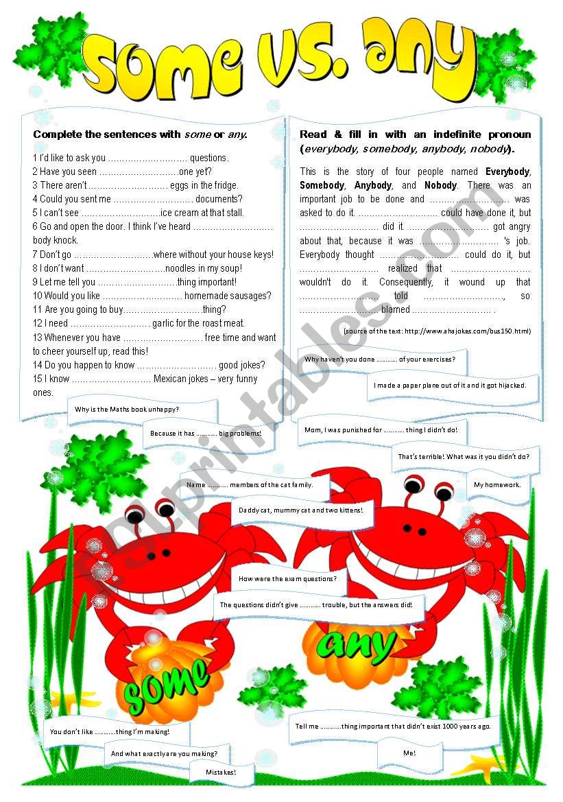 Some vs. Any (Page 2 B&W) worksheet